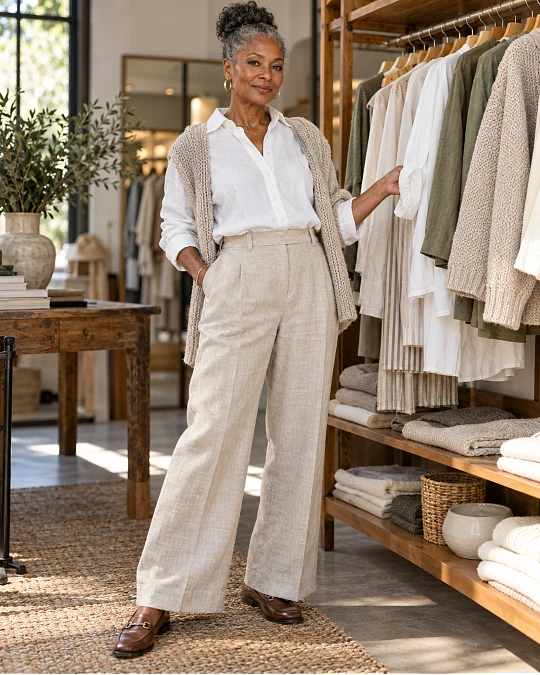 Linen cotton and knit pieces for coastal grandmother style