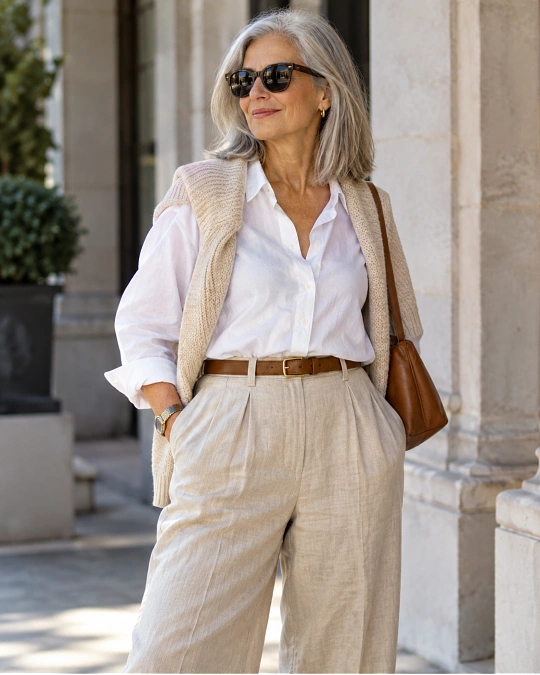 Layered neutral colors in coastal grandmother fashion