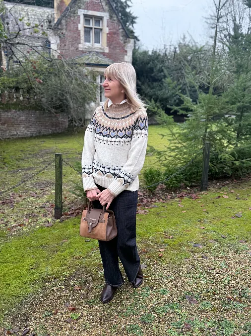 Fair Isle sweater with dark wide-leg jeans outfit