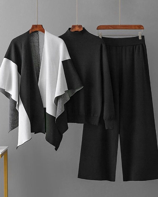 Black knit set with color-block wrap for women over 50