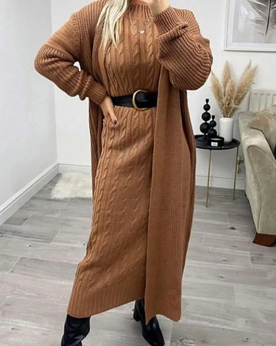 Camel knit dress with long cardigan and boots