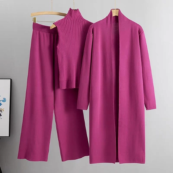 Magenta knit set with long cardigan