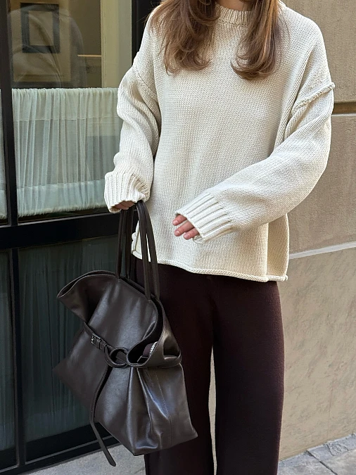 Cream wool sweater with chocolate brown trousers