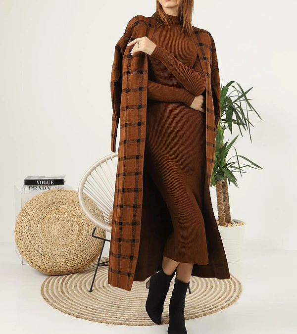 Ribbed knit dress with long plaid cardigan
