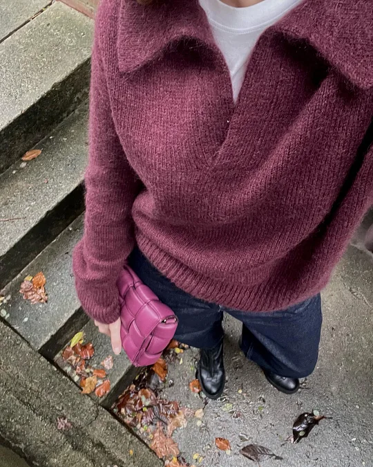 Plum collared knit with dark wide-leg denim
