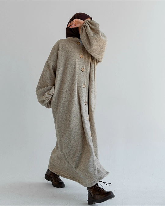 Oatmeal wool coatdress with dark boots