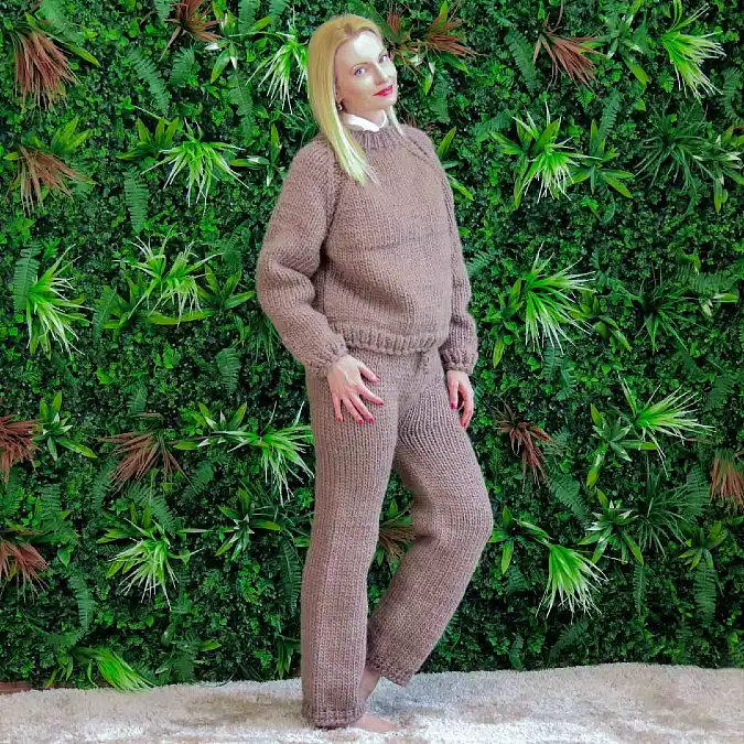 Taupe knit set with straight-leg pants
