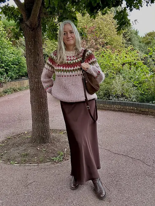 Fair Isle sweater with chocolate satin midi skirt