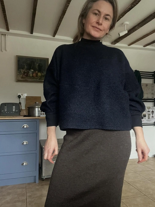 Navy wool sweater with charcoal midi skirt