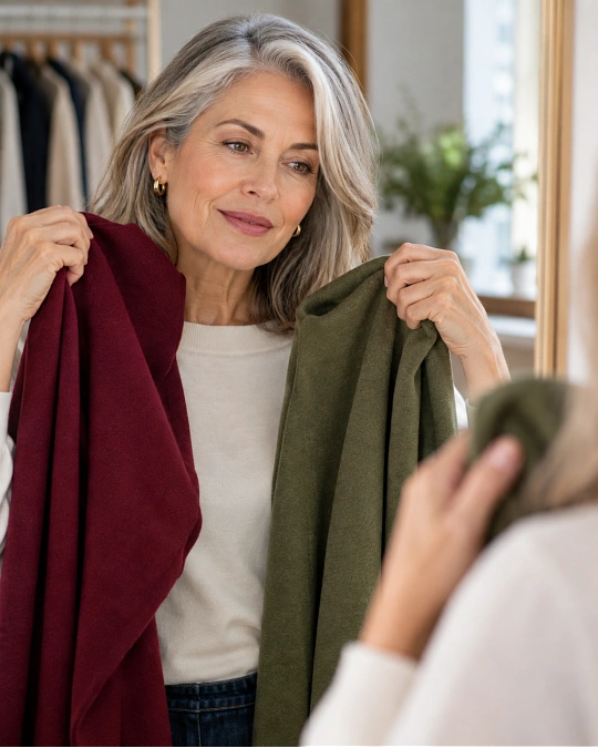 Woman choosing a flattering color close to her face