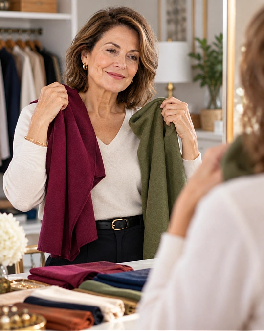 Woman experimenting with a colorful accessory and neutral outfit