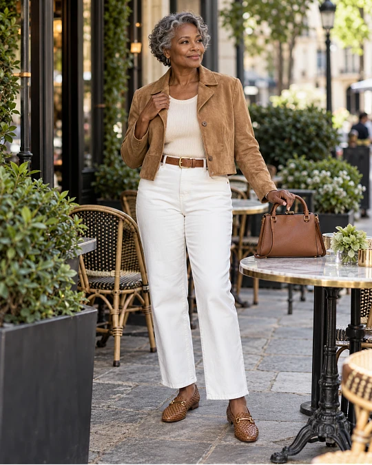 Modern white outfit styled with contrast and texture