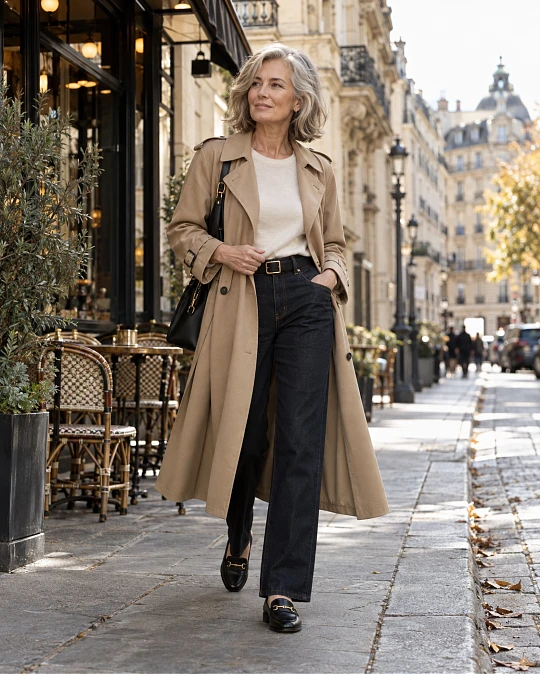 Woman wearing a classic trench coat outfit