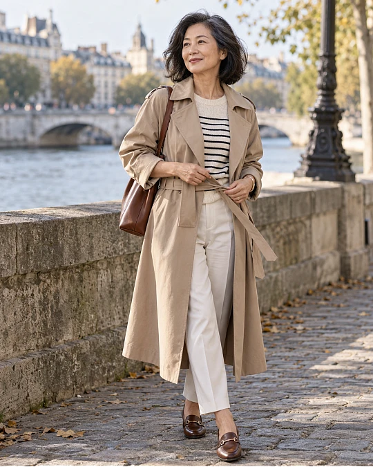 Trench coat styled with a relaxed belt