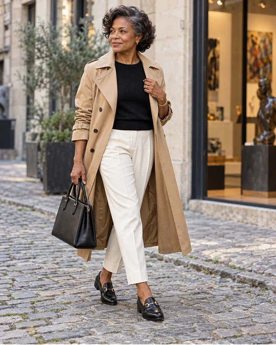 Trench coat styled with polished shoes