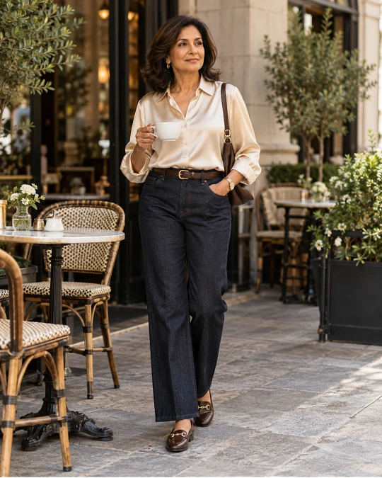 Silk blouse styled casually for women over 50