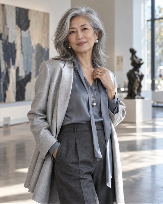 Woman styling an outfit around grey hair with complementary colors