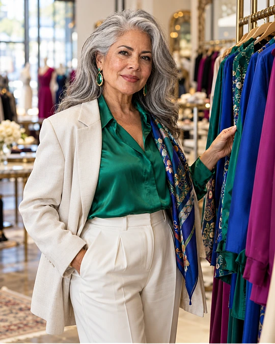 Layered outfit using contrast near grey hair