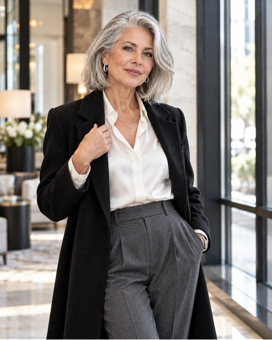 Grey hair styled with crisp white black and grey clothing