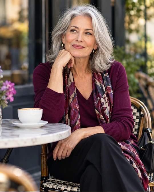 Jewel tone outfit styled with grey hair
