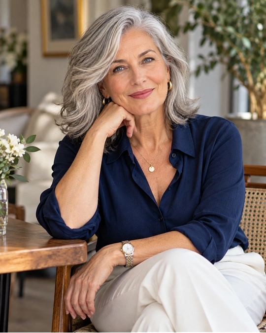 Choosing clothing colors that complement eye color and grey hair