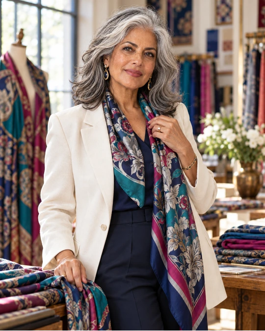 Patterned outfit combining grey hair with stronger accent colors