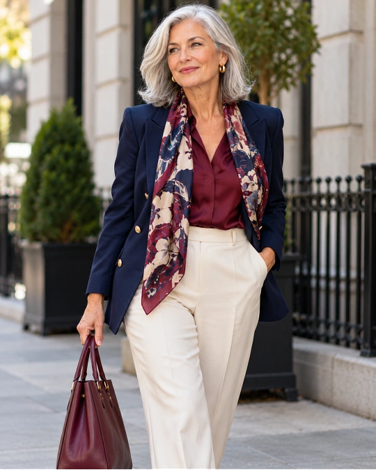 Easy outfit formula using clear color with grey hair