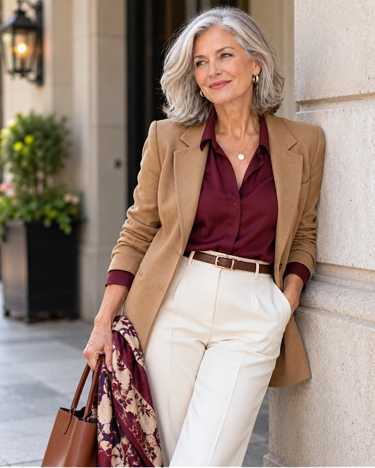 Styling muted colors away from the face with grey hair