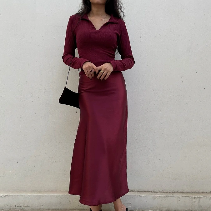 Burgundy knit and satin midi skirt outfit