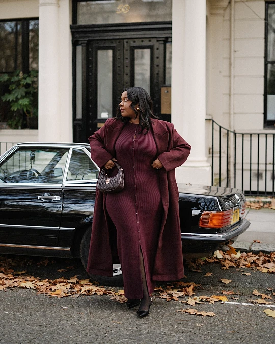 Rich burgundy coat with knit dress