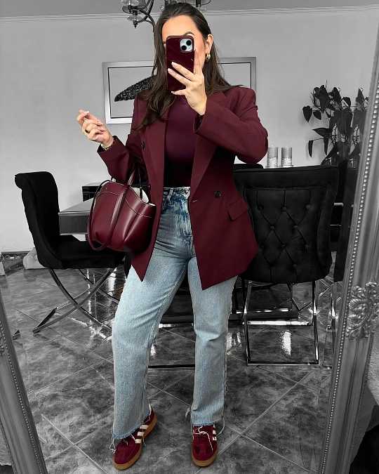Burgundy blazer with light wash jeans