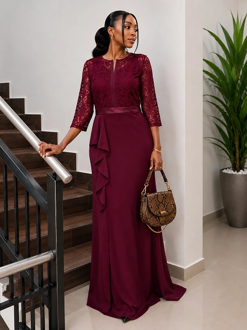 Burgundy lace evening gown