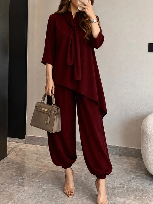 Draped burgundy tunic and trousers outfit