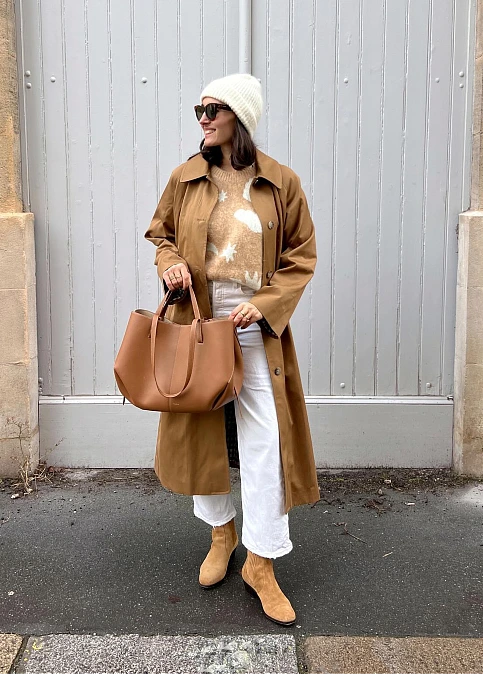 Soft camel layers with white denim outfit