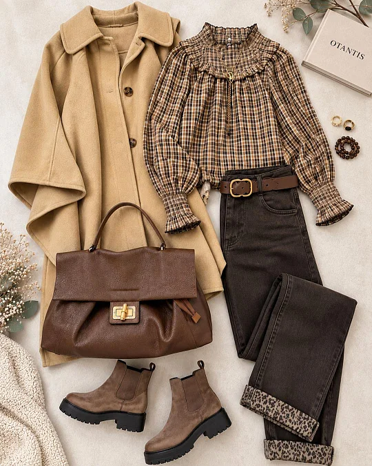 Camel coat with brown layers and dark jeans