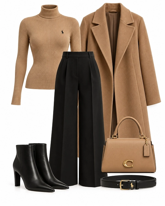Camel turtleneck with black trousers and camel coat