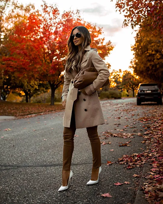 Camel trench coat with tall brown boots