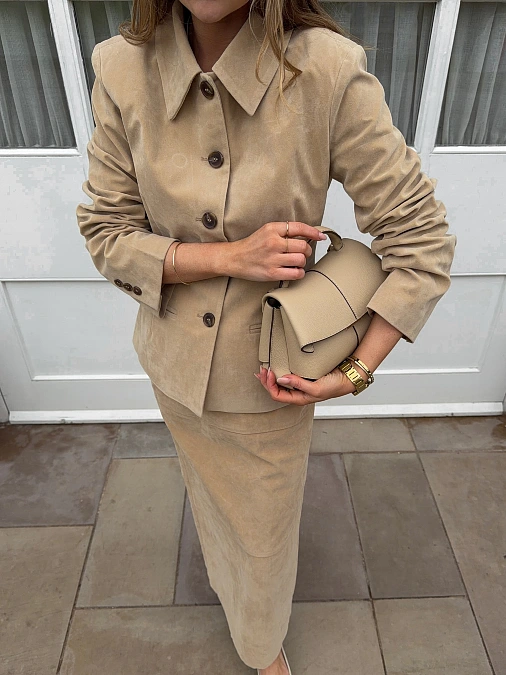 Tonal camel suede separates outfit