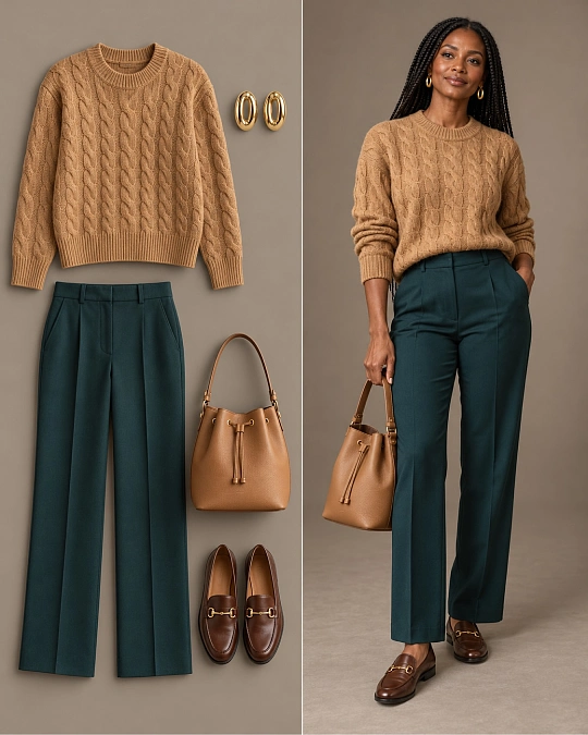 Camel cable knit with deep green trousers