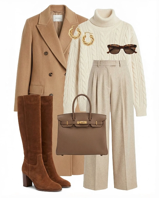 Cream knit with camel coat and beige trousers