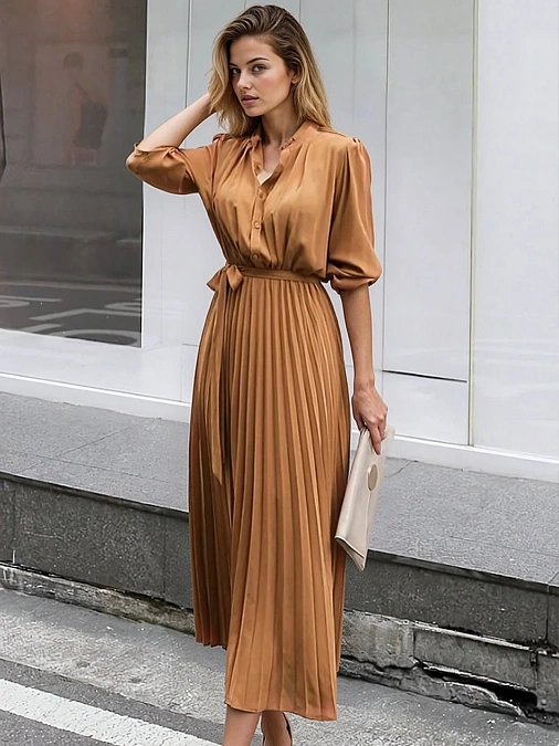 Camel satin shirt dress with pleated midi skirt