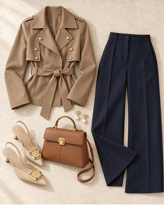 Camel jacket with navy wide-leg trousers and slingbacks