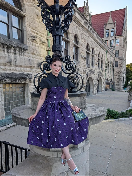 Purple Skull Dress With Black Capelet