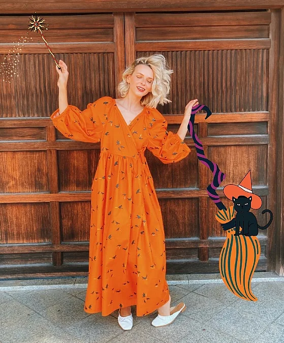 Pumpkin-Orange Dress With Subtle Prints