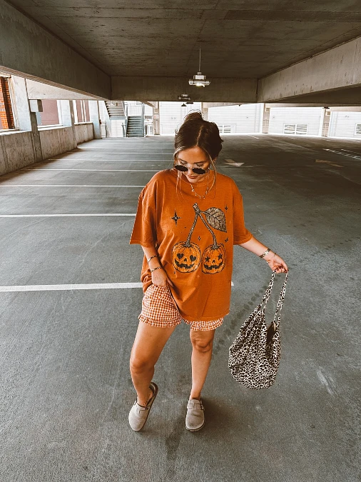 Pumpkin Tee With Gingham Shorts