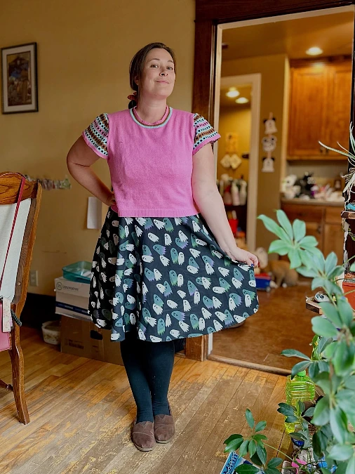 Ghost-Print Skirt With a Pink Knit