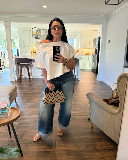 Ivory Off-Shoulder Top and Wide-Leg Jeans