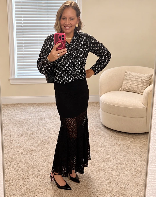 Monogram Blouse and Lace Maxi Skirt
