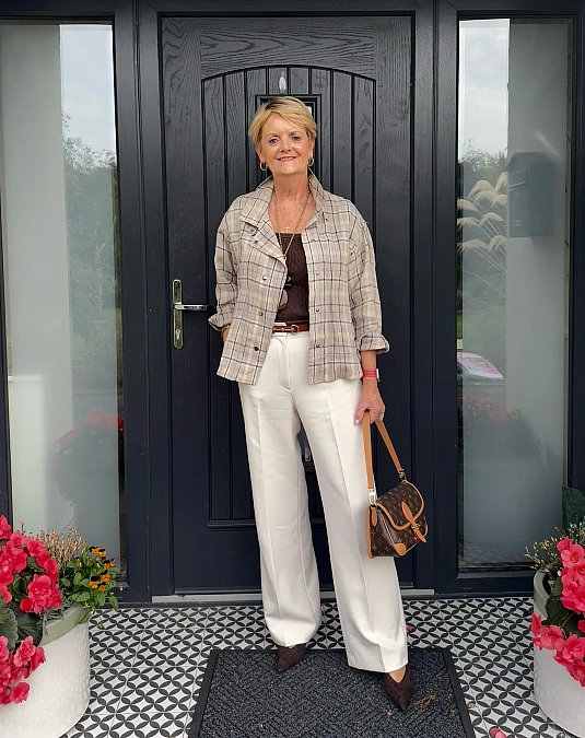 Plaid Jacket with Ivory Trousers