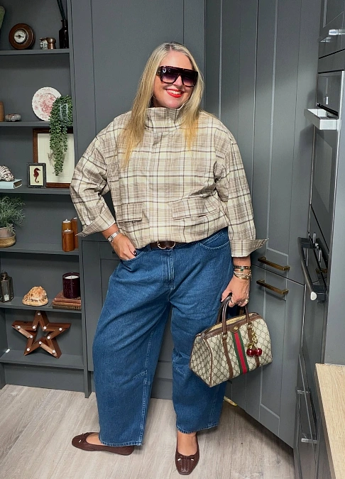 Plaid Funnel-Neck Jacket and Wide Jeans